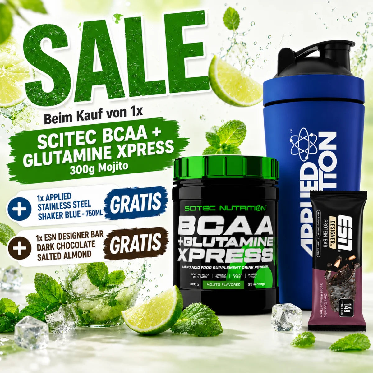 Scitec BCAA Glutamine Xpress 300g Mojito SALE 1x Applied Stainless Steel Shaker blue - 750ml 1x ESN Designer Bar Dark Chocolate Salted GRATIS