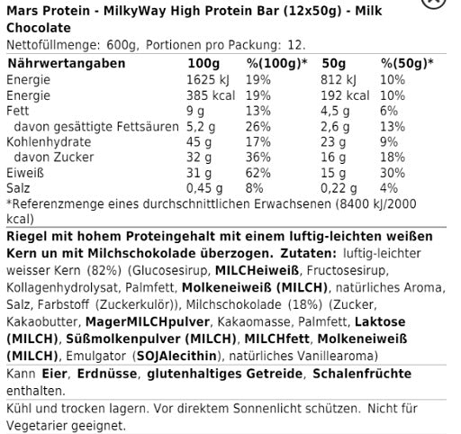 MilkyWay High Protein Bar (12x50g)