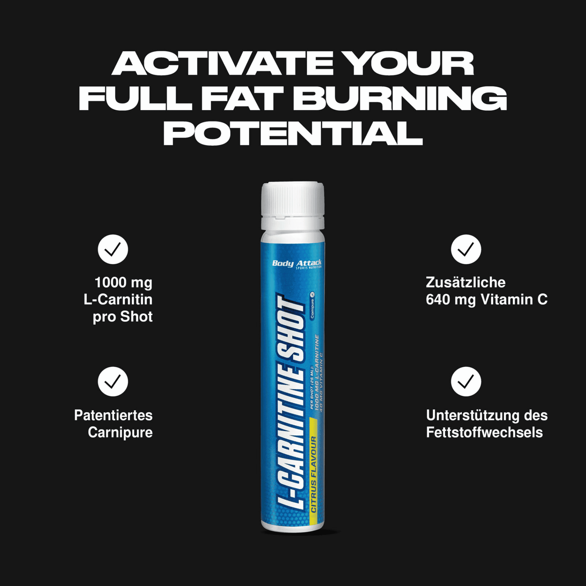 Body Attack L-Carnitine Shots 20x25ml - Citrus - SHOPOUTLET24. Der Protein und Supplement Dealer