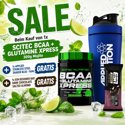 Scitec BCAA  Glutamine Xpress 300g Mojito SALE  1x Applied Stainless Steel Shaker blue - 750ml  1x ESN Designer Bar Dark Chocolate Salted GRATIS