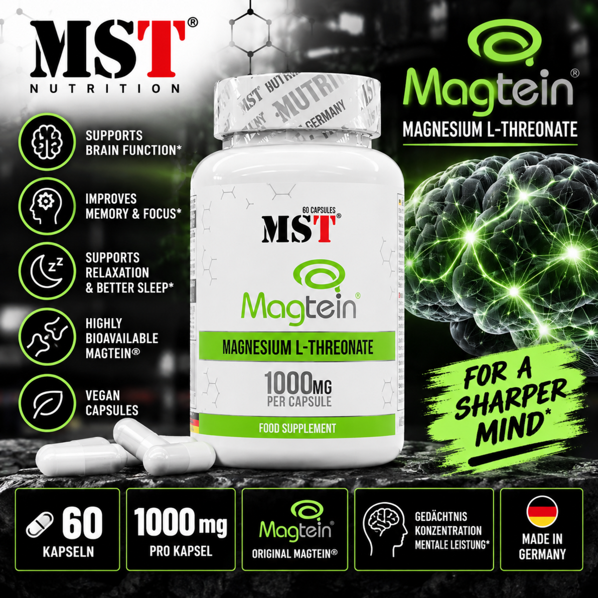 MST - Magnesium L-Threonate Magtein® 1000mg - 60 Kapseln - SHOPOUTLET24. Der Protein und Supplement Dealer